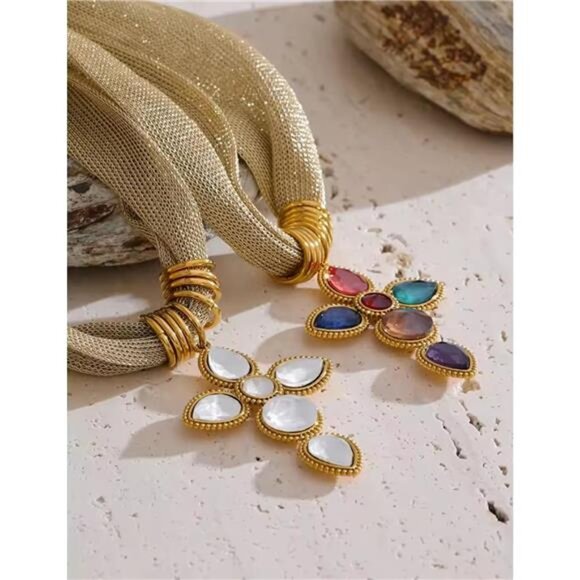 White Glass Cross Necklace | Sparkly Mesh Choker | Elegant Adjustable - Picture 3 of 5